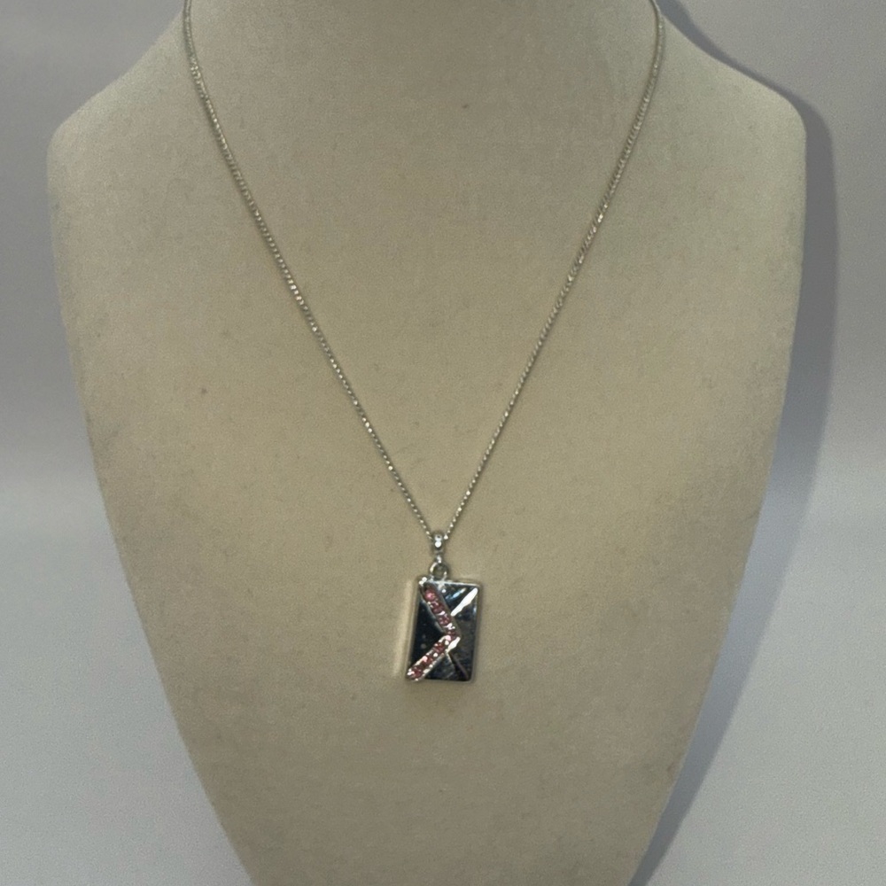 I Love You Envelope Pendant Necklace Silver Tone Pink Rhinestone Love Letter